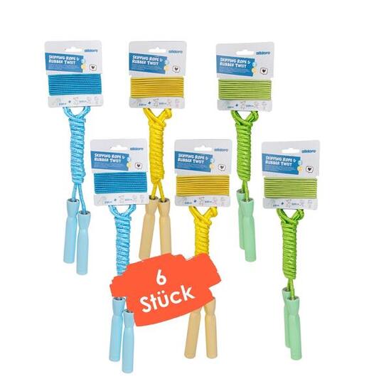 2 in 1 Springseil & Gummitwist, Set mit je 6 Hüpfseilen & Gummibändern