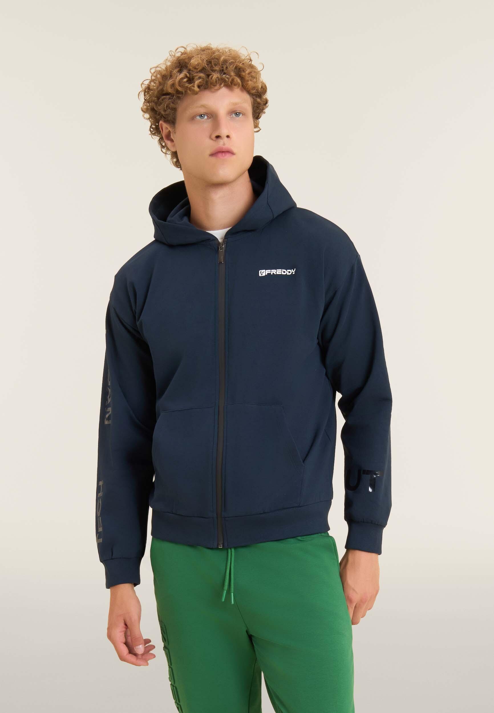 Felpa full zip con cappuccio in jersey e tasche a marsupio 2/4