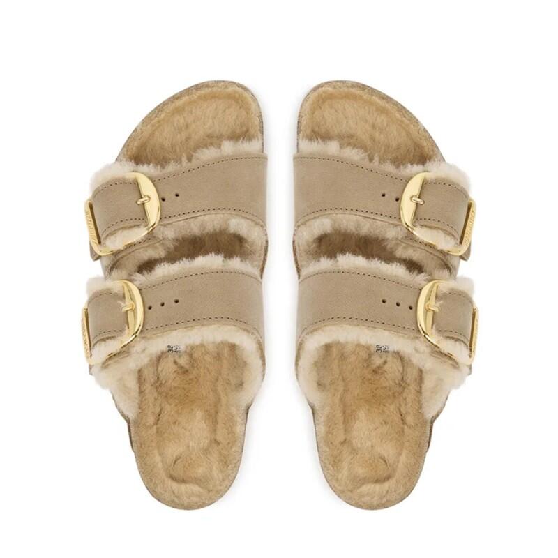 Sandales Plates Femme Birkenstock Arizona Shearlg Marron 3/4
