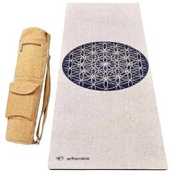 Tapis de yoga caoutchouc & chanvre 4,5mm + Sac en cuir de liège - Fleur de vie