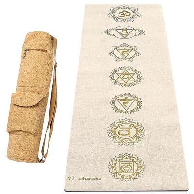 Yogamat van rubber en hennep 4,5 mm + tas van kurkleer - 7 chakra's goud