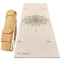 Tapis de yoga caoutchouc & chanvre 4,5mm + Sac en cuir de lège - Fleur de lotus
