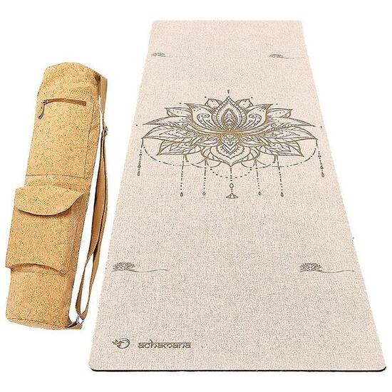Tapis de yoga caoutchouc & chanvre 4,5mm + Sac en cuir de lège - Fleur de lotus