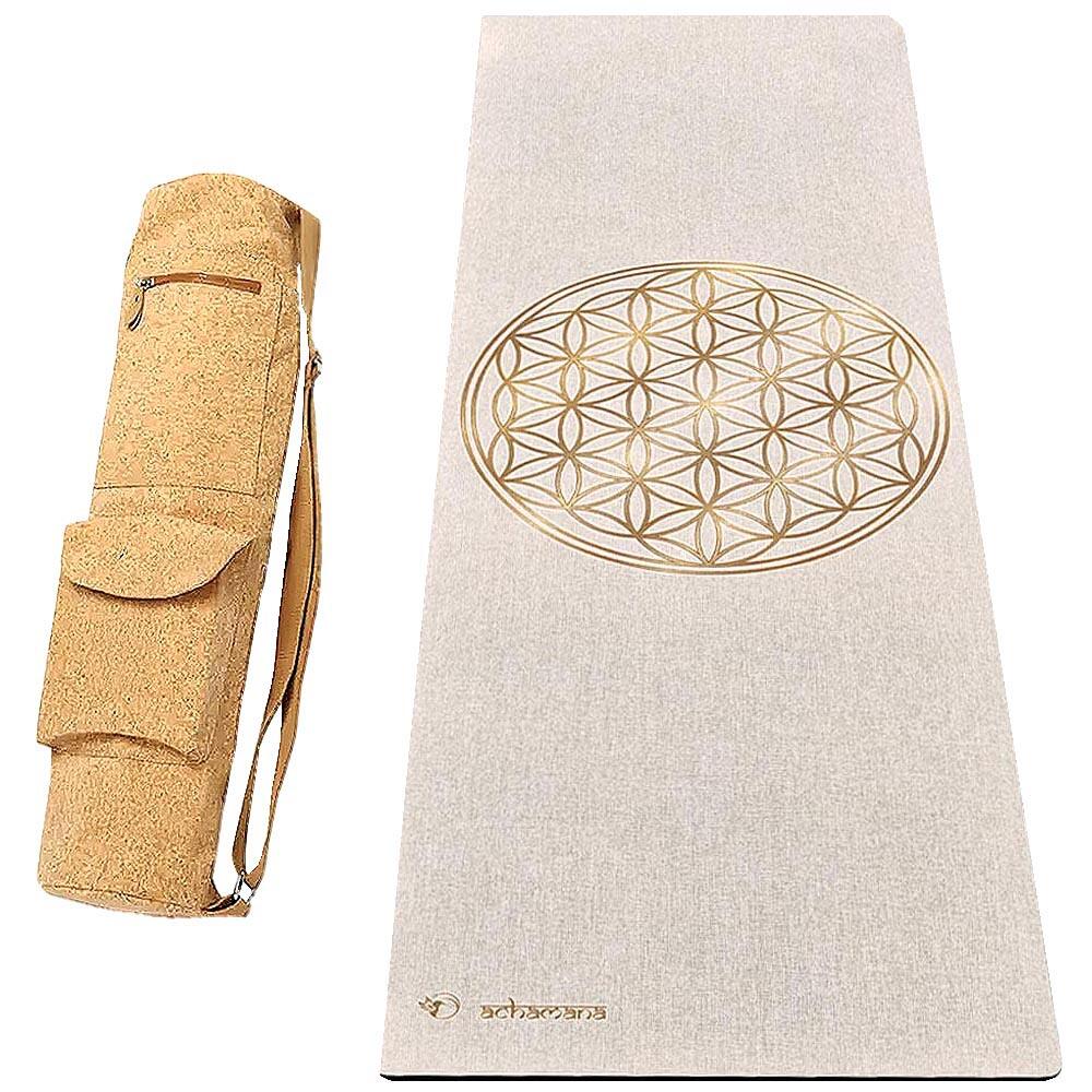 Tapis yoga caoutchouc & chanvre  4,5mm + Sac en cuir de liège - Fleur de vie or 1/7