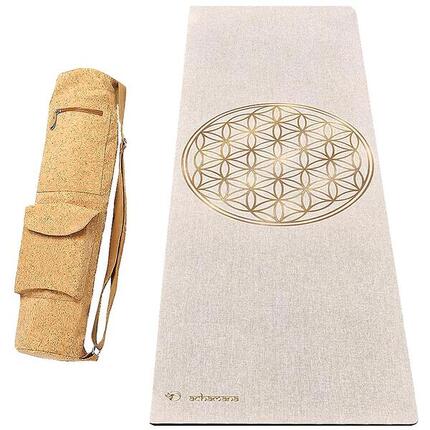 Tapis yoga caoutchouc & chanvre 4,5mm + Sac en cuir de liège - Fleur de vie or
