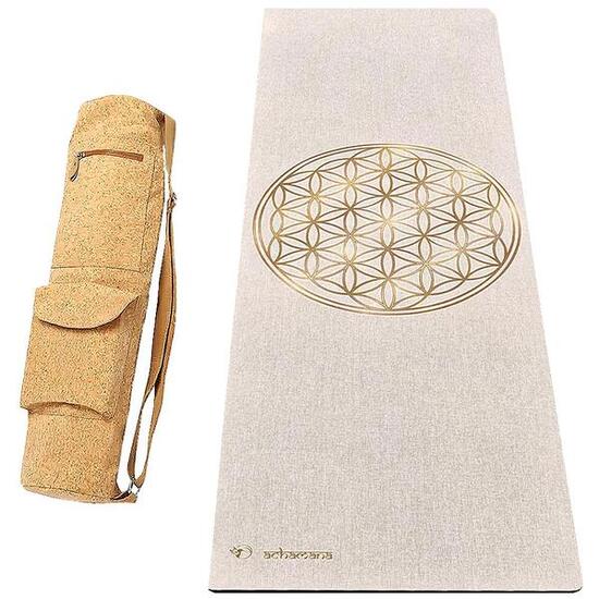 Tapis yoga caoutchouc & chanvre 4,5mm + Sac en cuir de liège - Fleur de vie or
