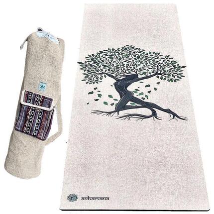 Yogamat rubber en hennep 4,5 mm + handgemaakte henneptas - Levensboom