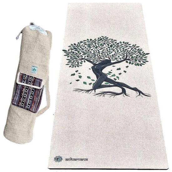Yogamat rubber en hennep 4,5 mm + handgemaakte henneptas - Levensboom