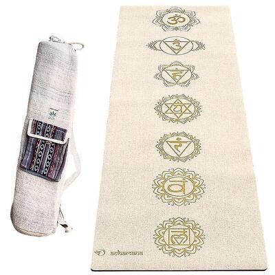 Yogamat rubber en hennep 4,5 mm + handgemaakte henneptas - 7 chakra's