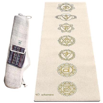 Yogamatte aus Gummi und Hemp 4,5 mm + handgefertigte Hanftasche – 7 Chakren