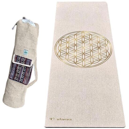Tapis yoga caoutchouc & chanvre 4,5mm + Sac chanvre artisanal - Fleur de vie or