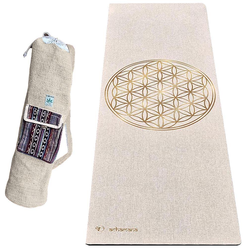 Achamana - Tapis Yoga Caoutchouc & Chanvre 4,5mm + Sac Chanvre Artisanal - Fleur De Vie Or - Tapis De Yoga - Beige - 183 Cm - Decathlon