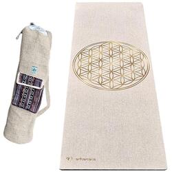 Tapis yoga caoutchouc & chanvre 4,5mm + Sac chanvre artisanal - Fleur de vie or