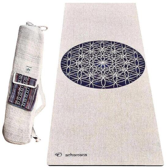 Tapis yoga caoutchouc et chanvre 4,5mm + Sac chanvre artisanal - Fleur de vie