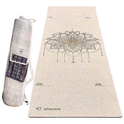 Tapis de yoga caoutchouc & chanvre 4,5mm + Sac chanvre artisanal - Fleur lotus