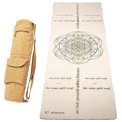 Yogamat rubber en hennep 4,5mm + tas van kurkleer - mantra van vrede