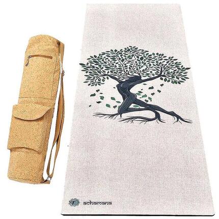Yogamat van natuurlijk rubber en hennep 4,5 mm + tas van kurkleer - levensboom