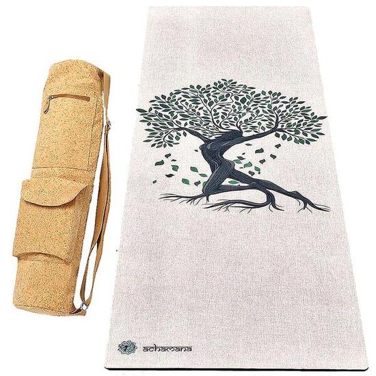 Yogamat van natuurlijk rubber en hennep 4,5 mm + tas van kurkleer - levensboom