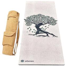 Tapis de yoga caoutchouc & chanvre 4,5mm + Sac en cuir de liège - Arbre de vie