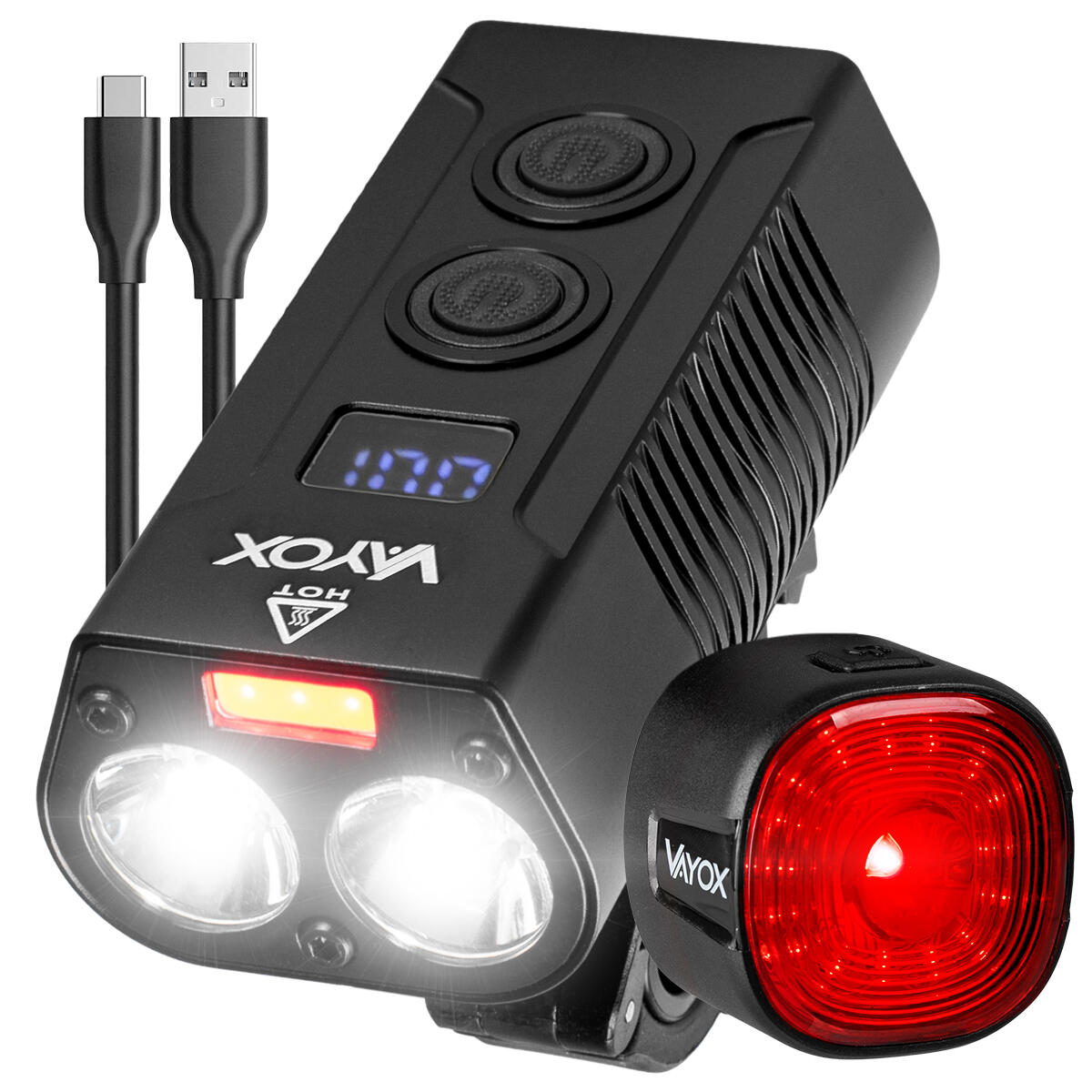 VAYOX Sada cyklistických světel VA0045 + VA0156 přední a zadní POWERBANKA