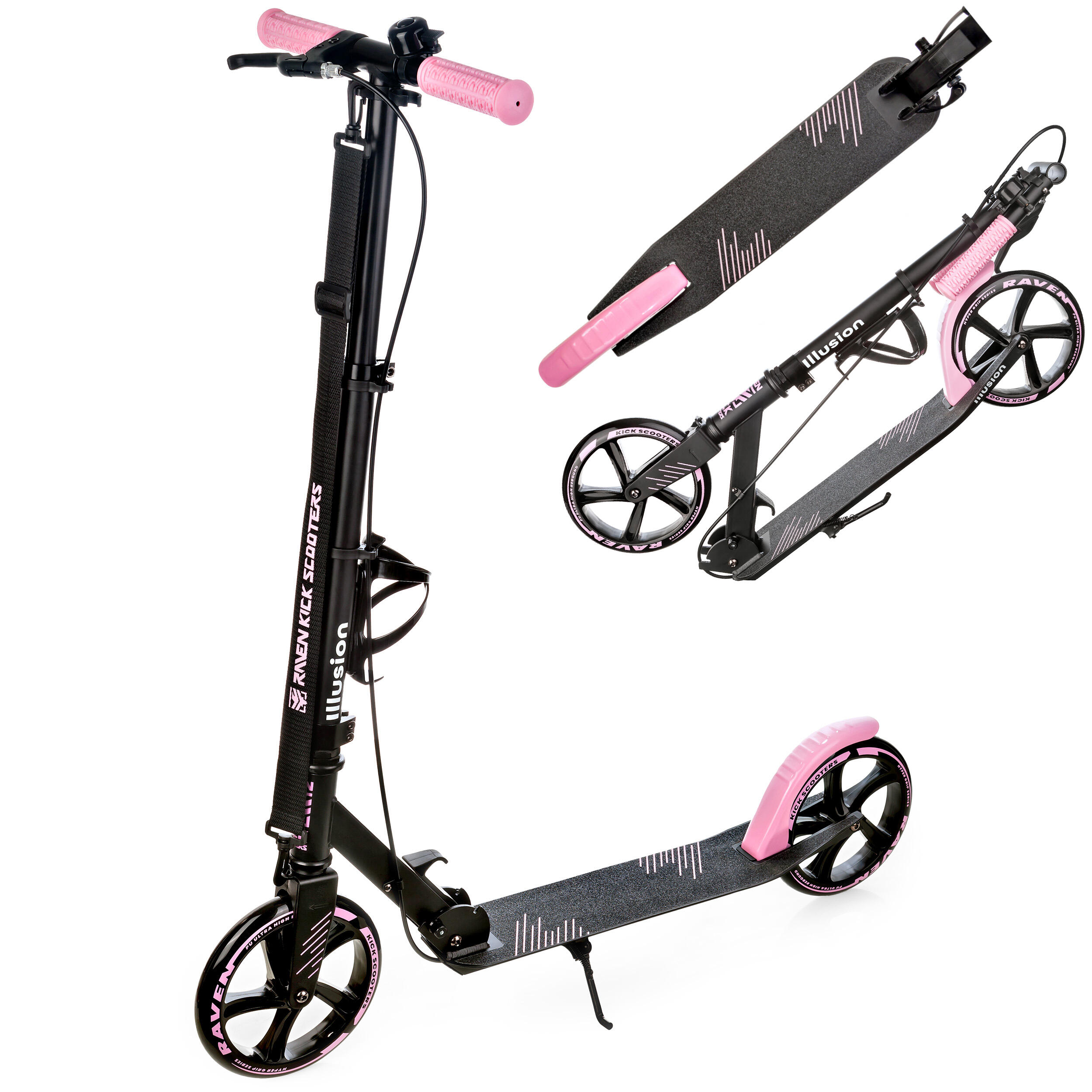 Raven - Trottinette Pliante Raven Illusion 200mm Avec Frein, Sonnette Et Porte-bouteille - Trottinette - Noir|rose - Taille Unique - Decathlon