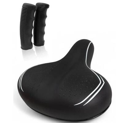 SELLA NERA + COPPIA MANOPOLE PER BICI CITY BIKE COMODA COMPLETA DI MORSETTO