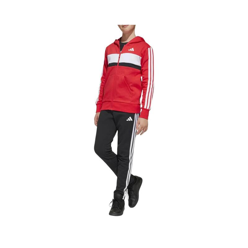 Trening adidas roșu junior - set din fleece, 3 dungi, 2 buzunare, șnur reglabil.