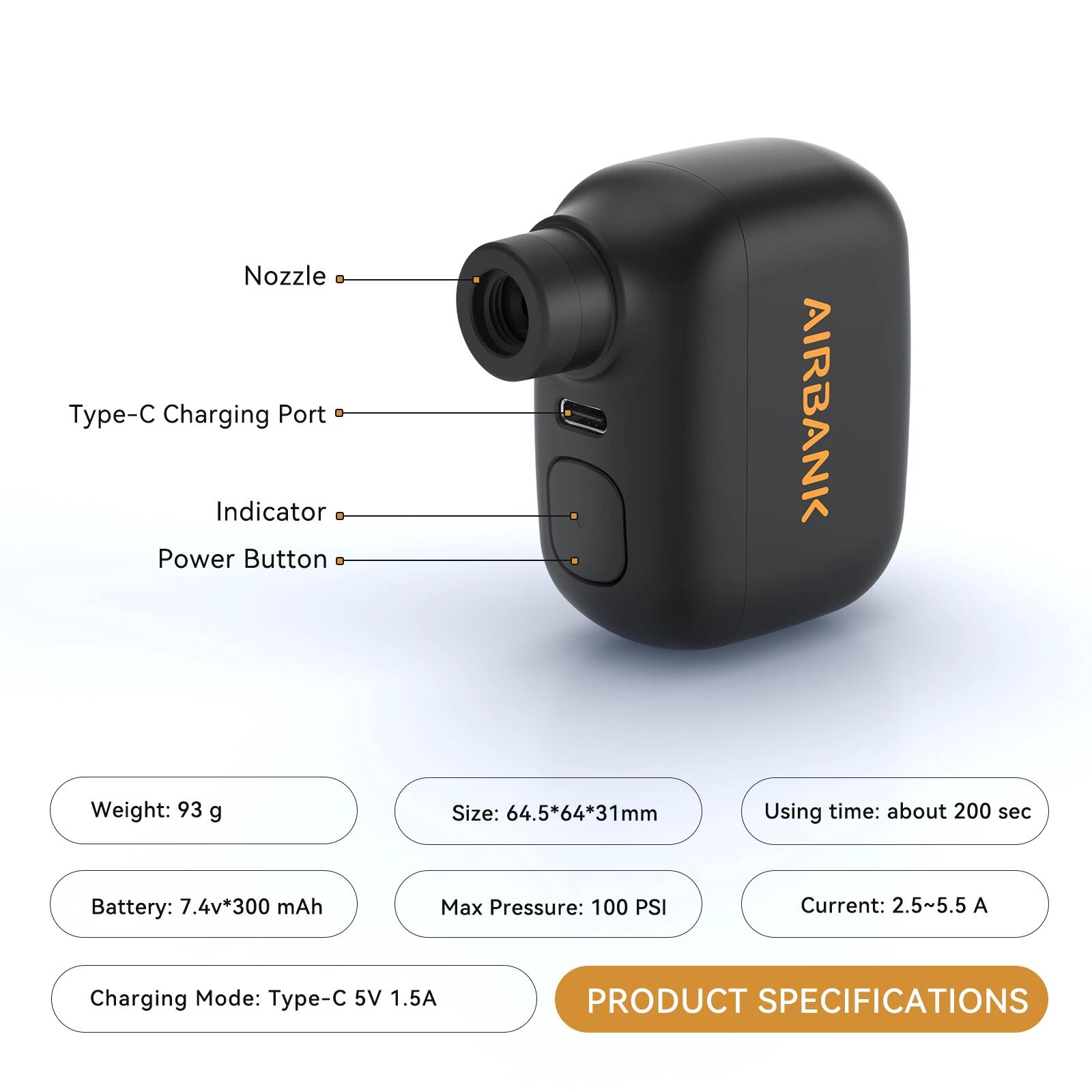 Mini bomba bicicleta elétrica portátil recarregável 100 PSI USB-C 93 g 2/7