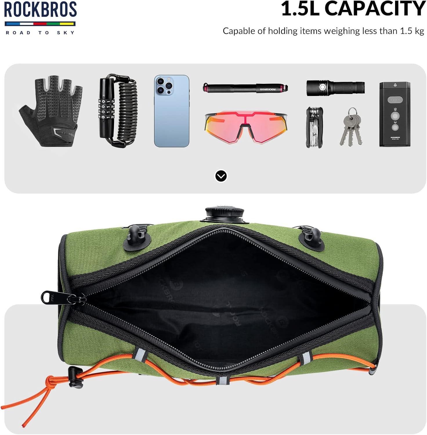 ROCKBROS Sacoche Guidon Vélo 1,5L Étanche Réfléchissante VTT Gravel Route Vert 6/8