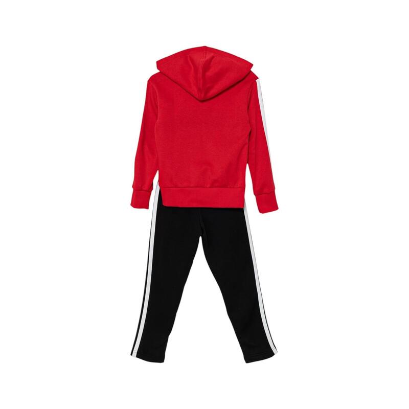 Trening adidas roșu junior - set din fleece, 3 dungi, 2 buzunare, șnur reglabil.