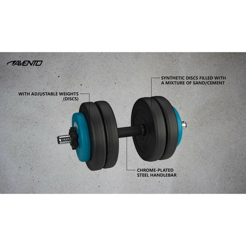 Ganteră ajustabilă Avento 15 kg, discuri sintetice, bară cromată, multicoloră
