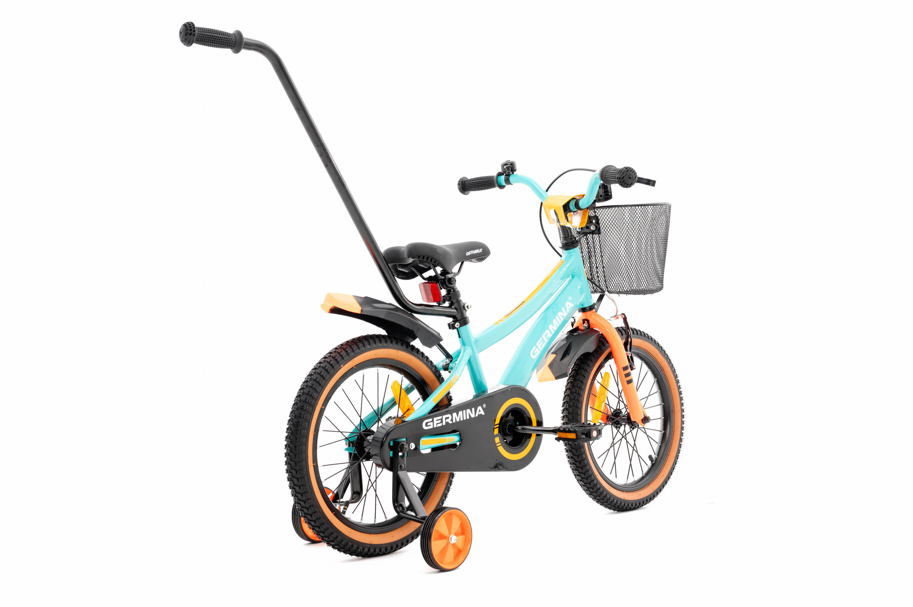 Kinderfiets GERMINA 16 voor jongens, mandje, duwstang, zijwieltjes 5/7