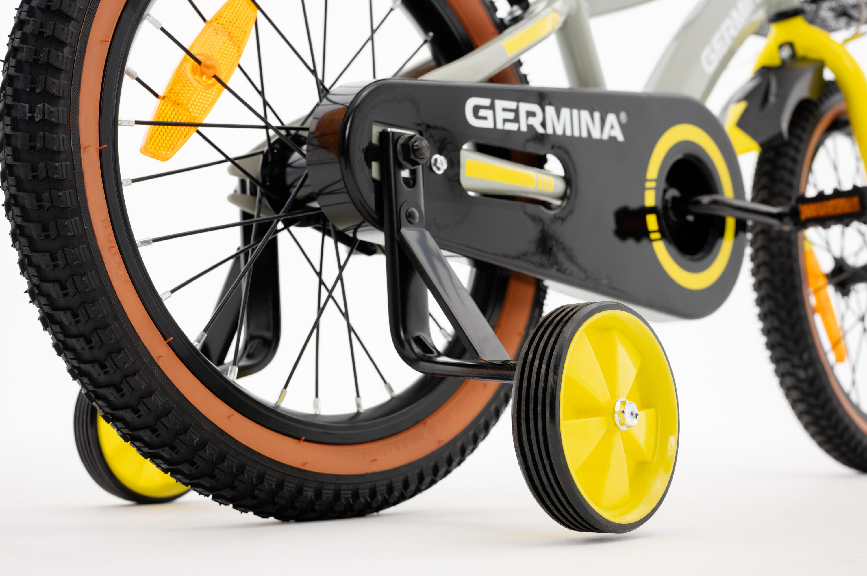 Kinderfiets GERMINA 16 voor jongens, mandje, duwstang, zijwieltjes 5/7