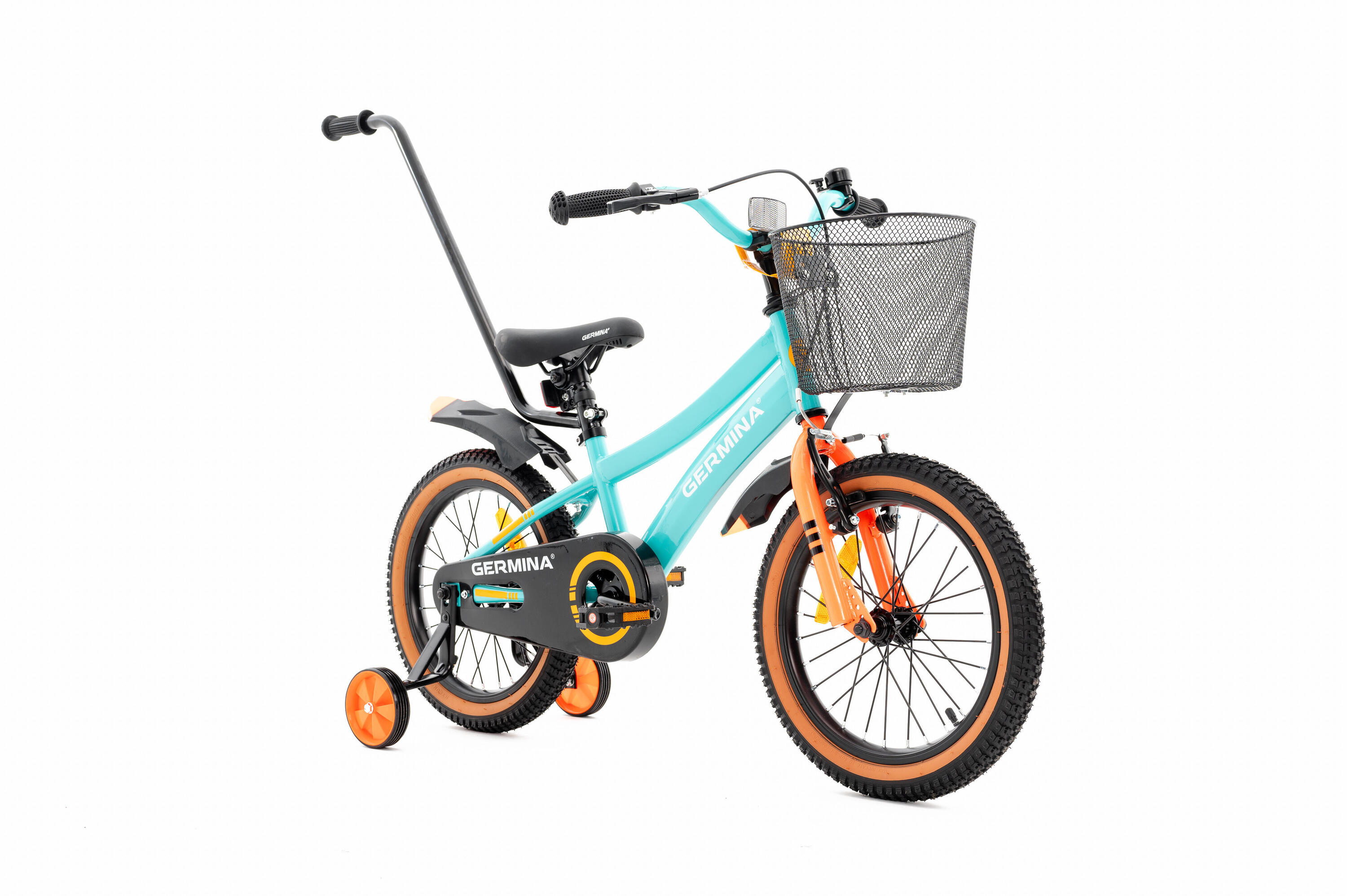 Kinderfiets GERMINA 16 voor jongens, mandje, duwstang, zijwieltjes 4/7