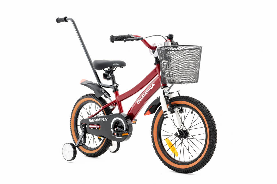 Rower dziecięcy GERMINA 16 dla dziewczynki, koszyk, prowadnik, kółka boczne,