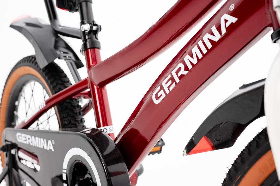 Kinderfiets GERMINA 16 voor jongens, mandje, duwstang, zijwieltjes 6/7