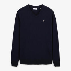 Pull col V en coton et laine bleu dark navy Milane