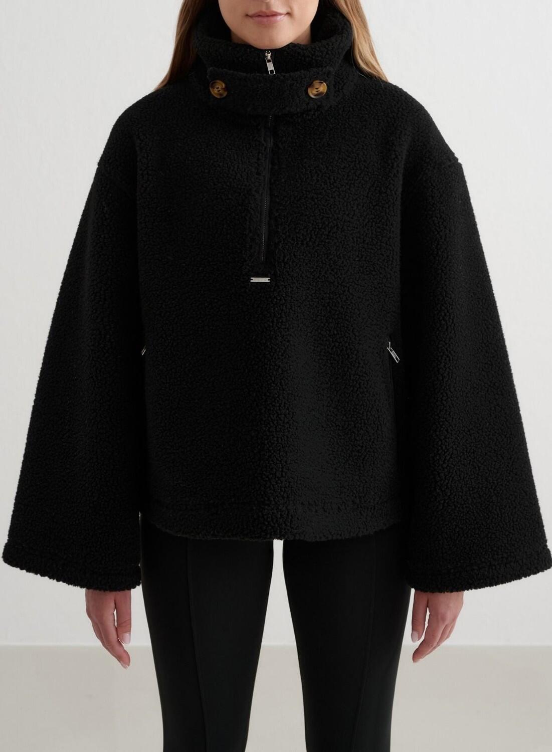 Damski anorak z materiału teddy sherpa, luźny krój, półzamek czarny 3/6