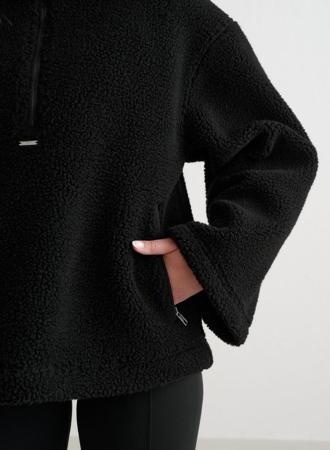 Damski anorak z materiału teddy sherpa, luźny krój, półzamek czarny 5/6