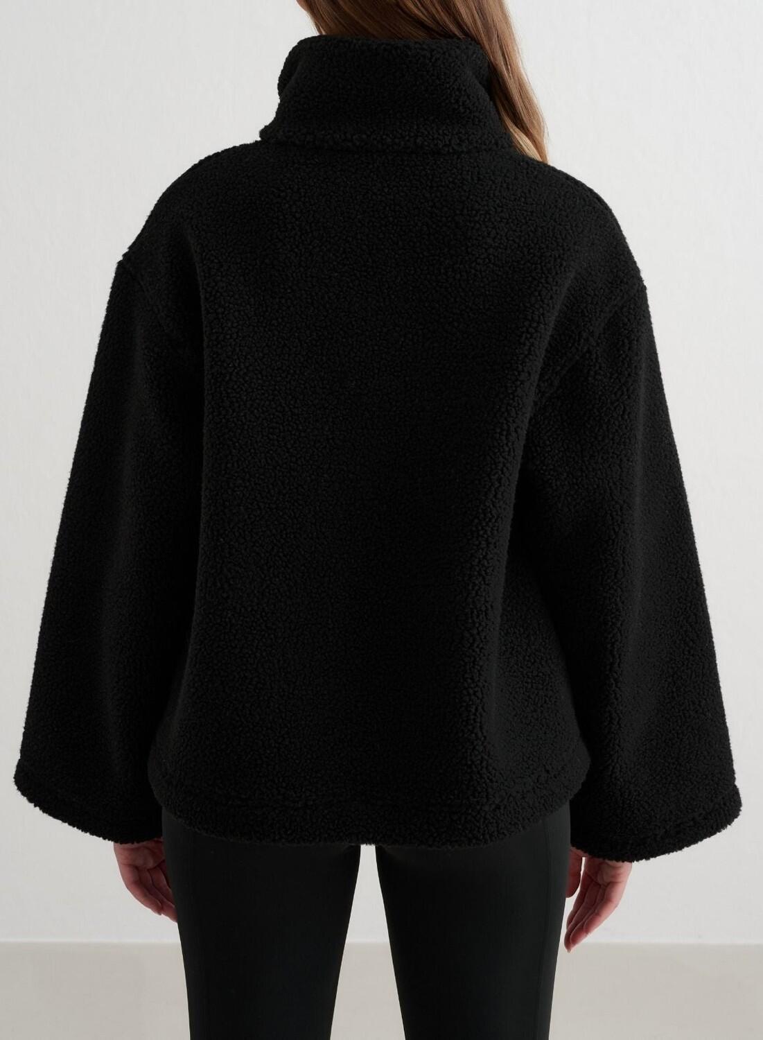 Damski anorak z materiału teddy sherpa, luźny krój, półzamek czarny 4/6