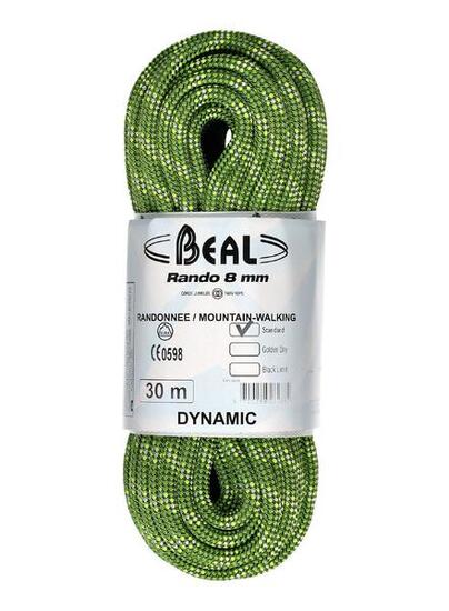 Corde dynamique Beal Rando 8 mm 30 m légère 37 g/m verte pour randonnée glacier