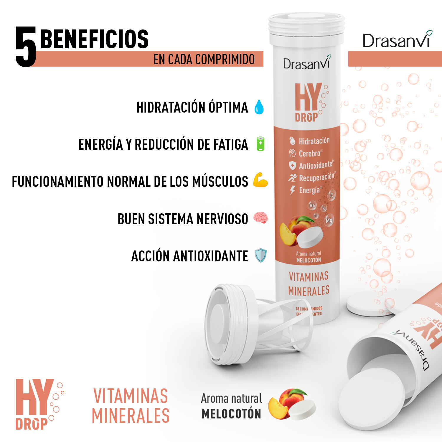 Hydrop Electrolitos 18 Comprimidos Efervescentes Sabor Melocotón 3/5