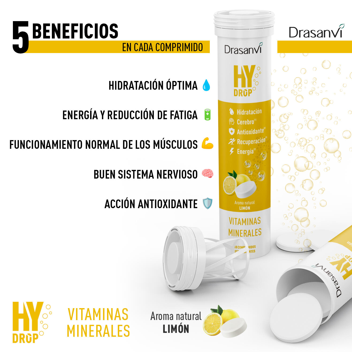 Hydrop Electrolitos Efervescentes 18 comprimidos Sabor Limón 3/5