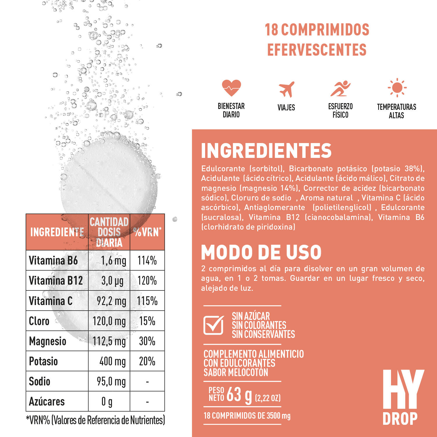 Hydrop Electrolitos 18 Comprimidos Efervescentes Sabor Melocotón 4/5