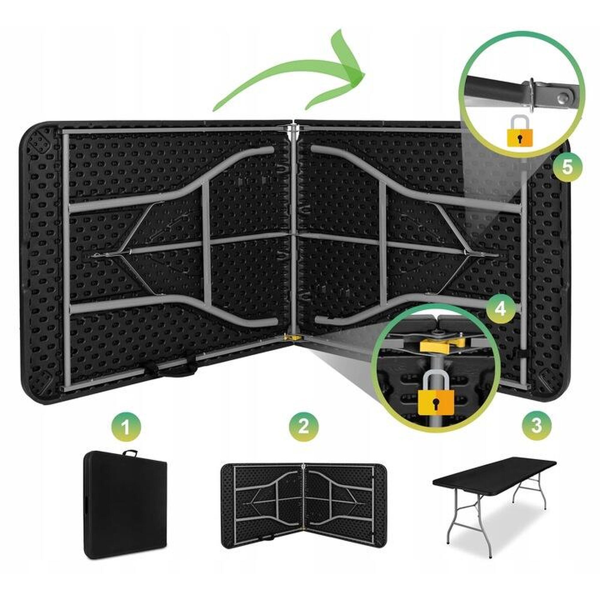Masa pliabila, blat HDPE / cadru otel 180x74x74 cm, camping, neagra