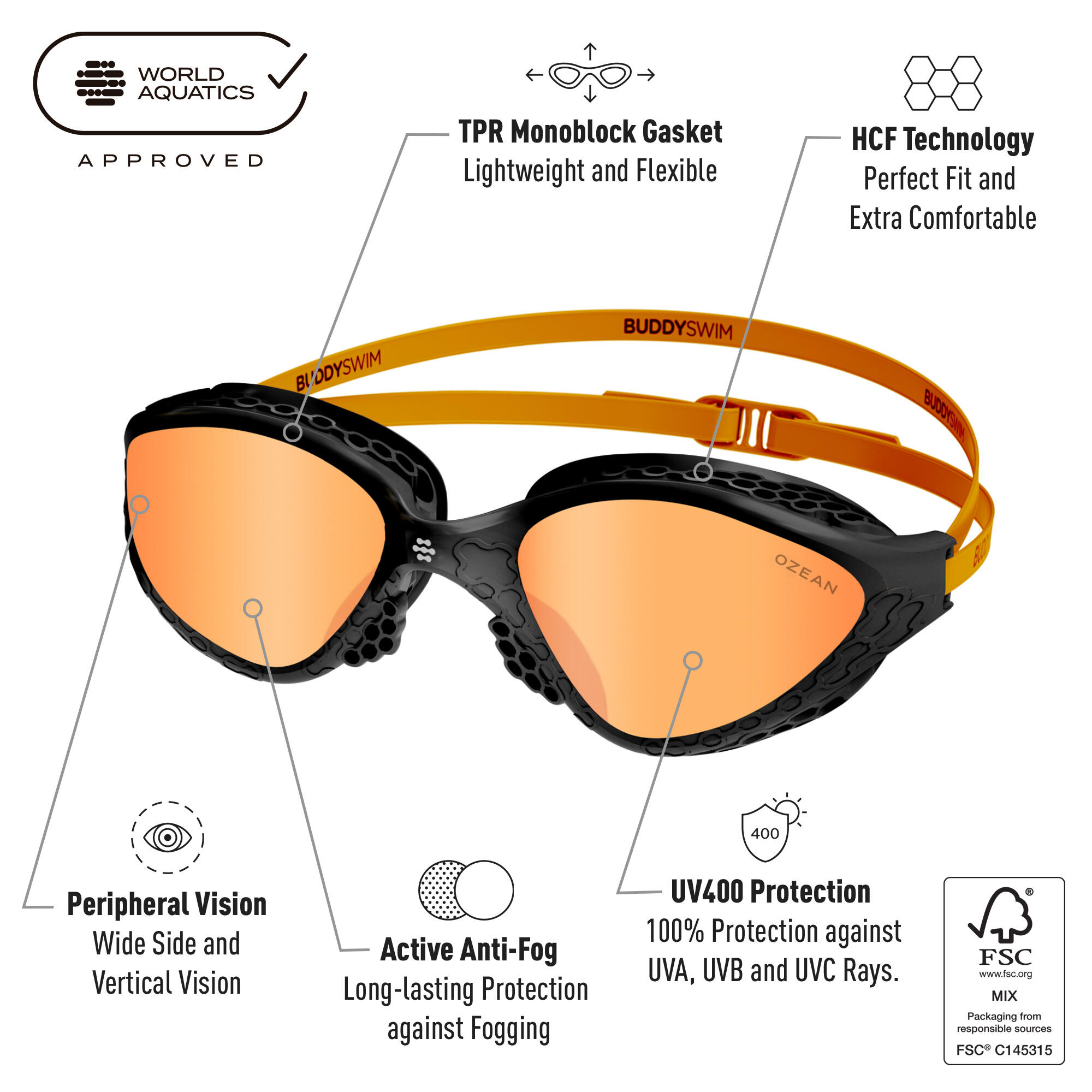 Occhialini da nuoto Ozean per acque libere e triathlon Nero-Arancione/Arancione 2/6