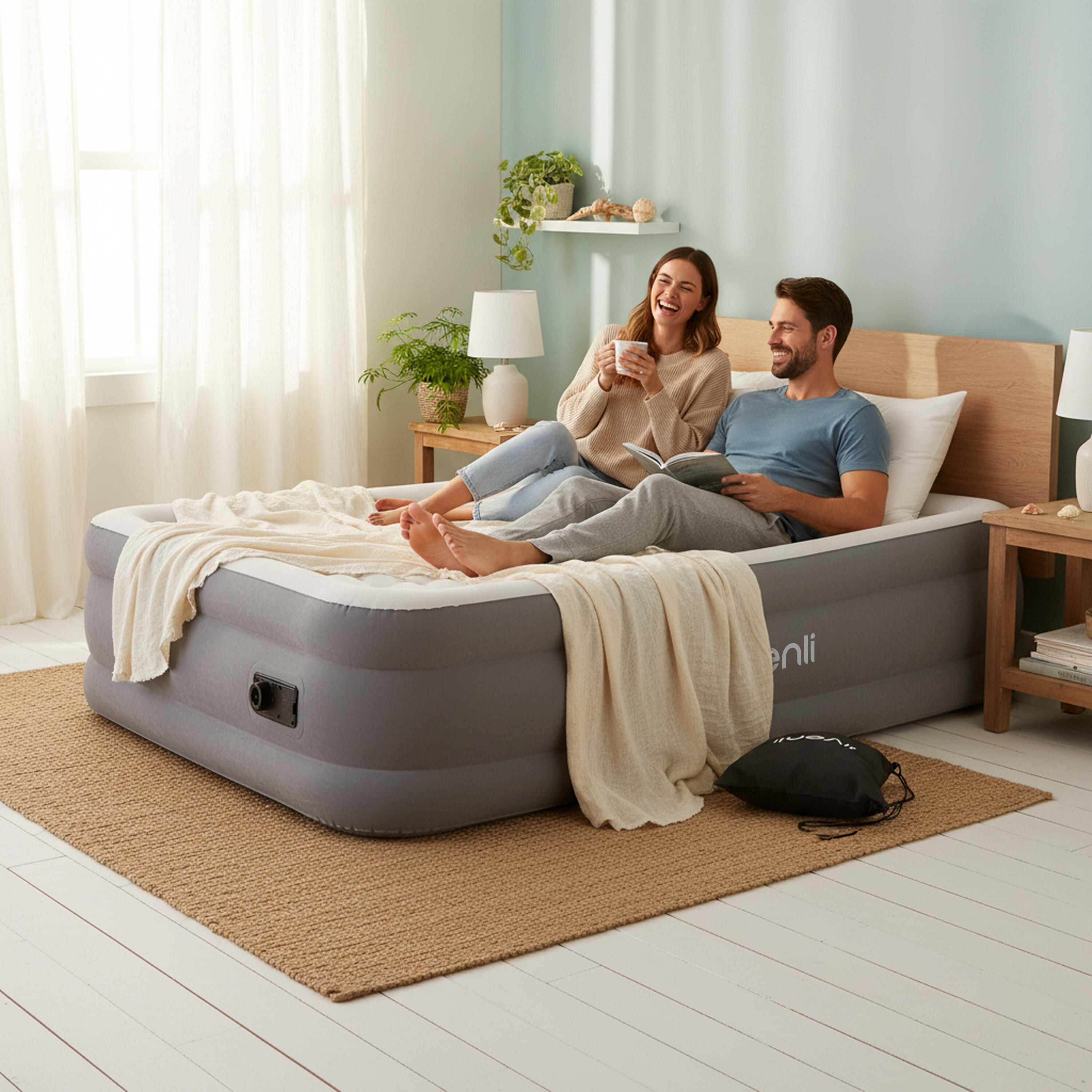 Luftmatratze selbstaufblasend 2 Personen 203x152x46cm Luftbett mit Elektropumpe 5/7