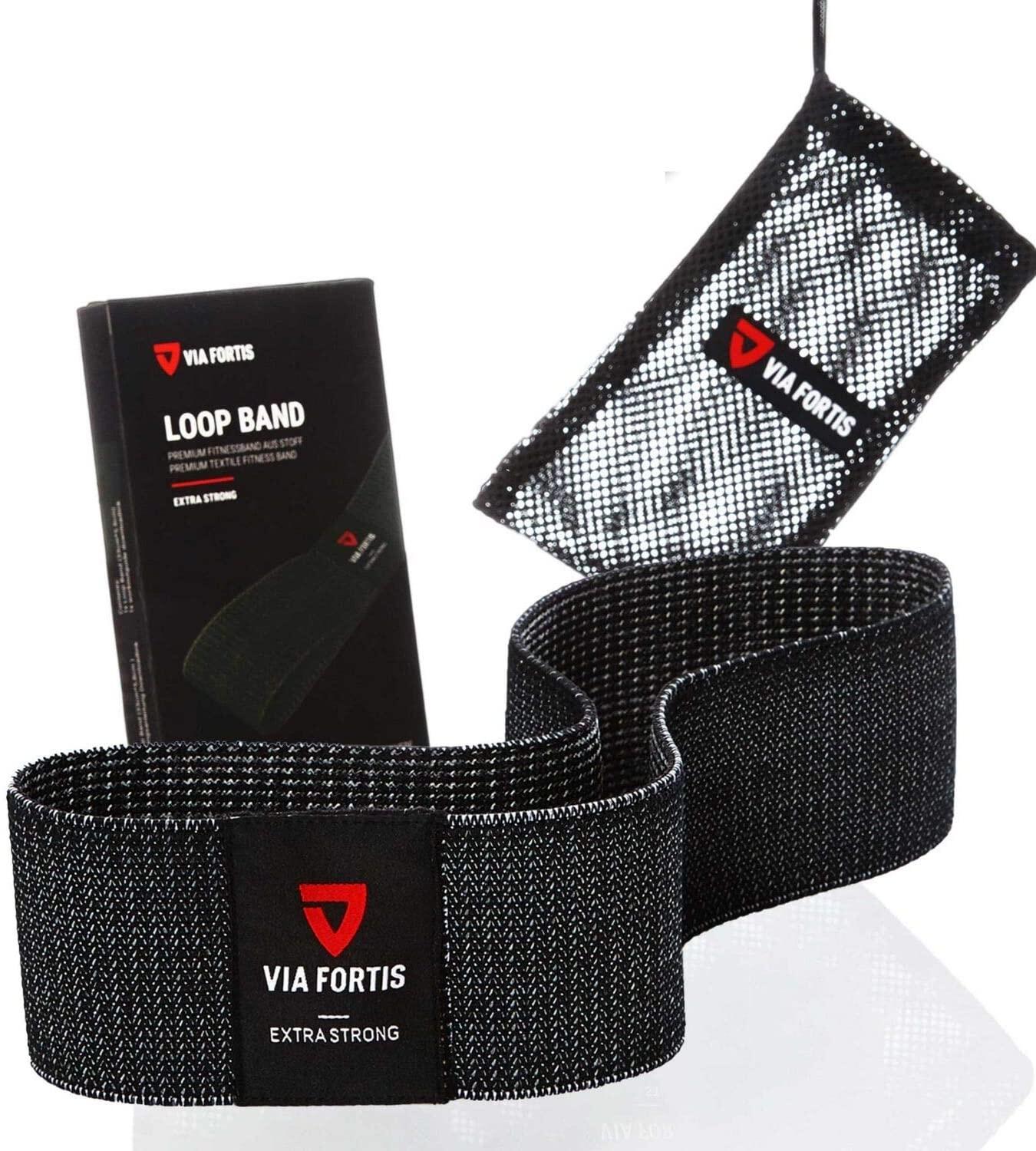 VIA FORTIS Fitnessband aus Stoff mit Übungen für Kraft, Fitness und Muskelaufbau.