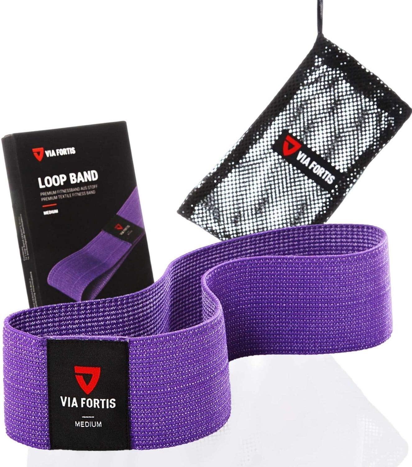 VIA FORTIS Fitnessband aus Stoff mit Übungen für Kraft, Fitness und Muskelaufbau.