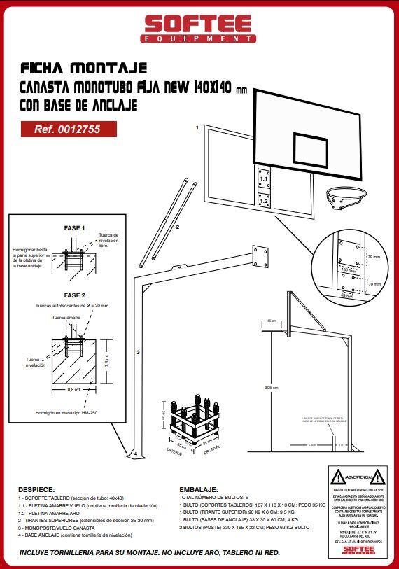 JGO CANASTAS BCTO MONOTUBO TUBO 140 X 140 MM FIJAS-C/ BASE ANCLAJE , SIN TABLERO 5/6